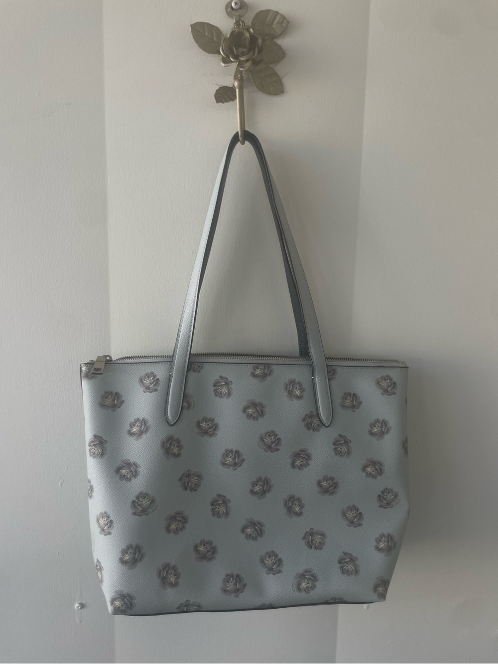 Coach Light Blue roses Embossed Tote EUC